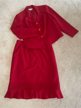 NYP Red Skirt Suit Set Blazer 18W Skirt 16W Lined Ruffle Hem Plus Size